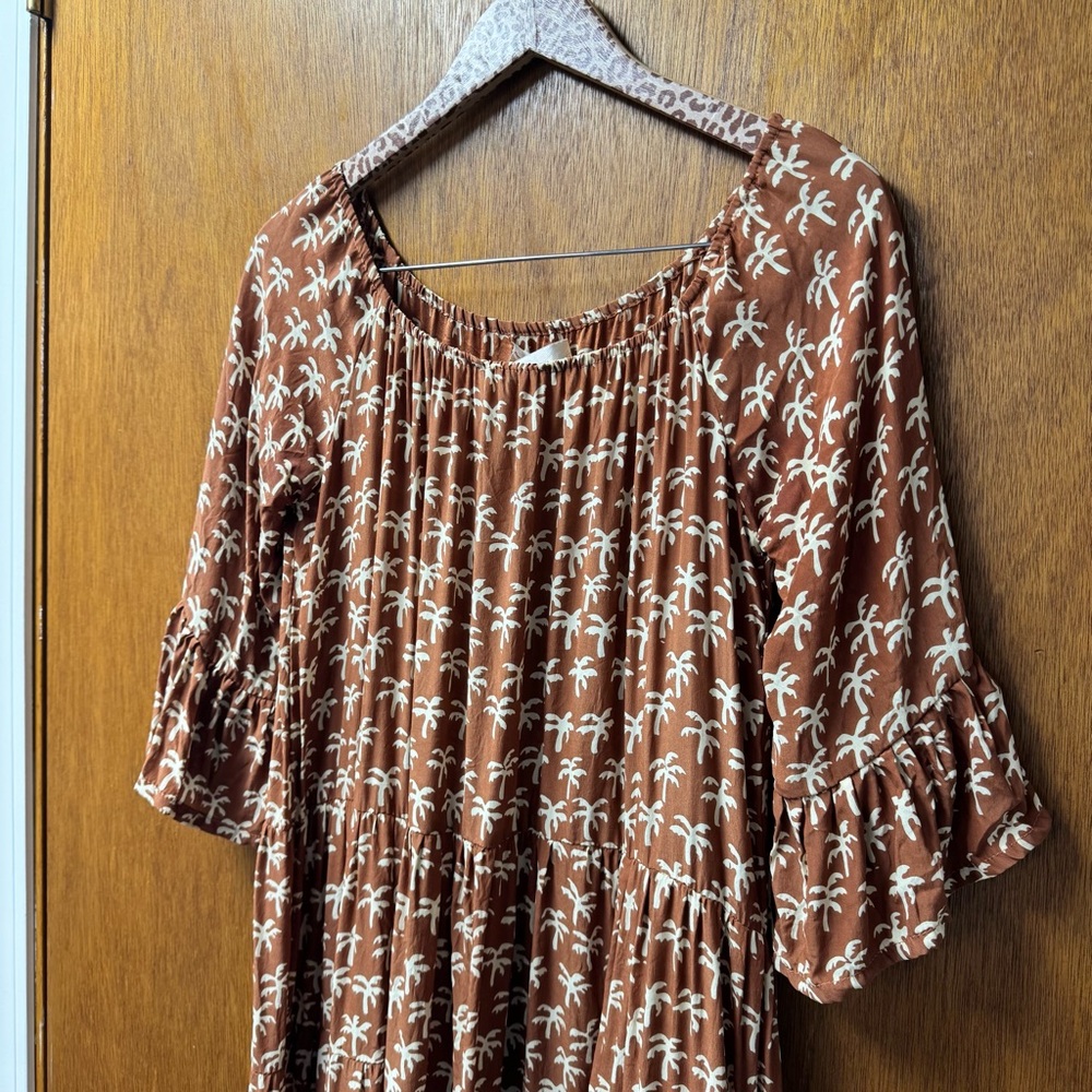 Natalie Martin Silk Palm Tree Print Short Sleeve Maxi Dress Brown Small S READ - Picture 3 of 16